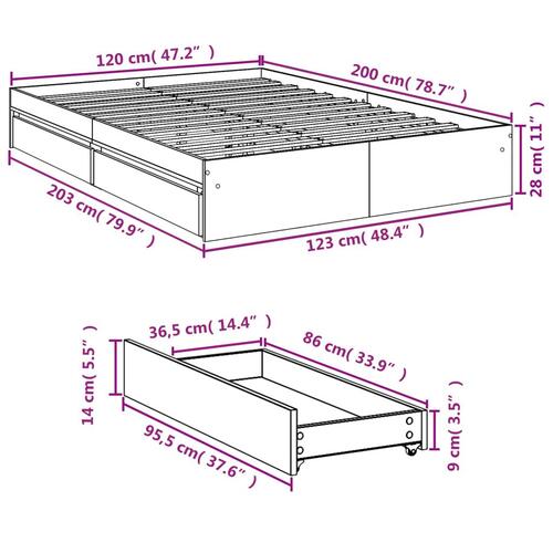 Sengeramme med skuffer 120x200 cm konstrueret træ brunt egetræ