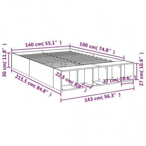 Sengestel med opbevaring 140 x 190 cm - grå sonoma-eg