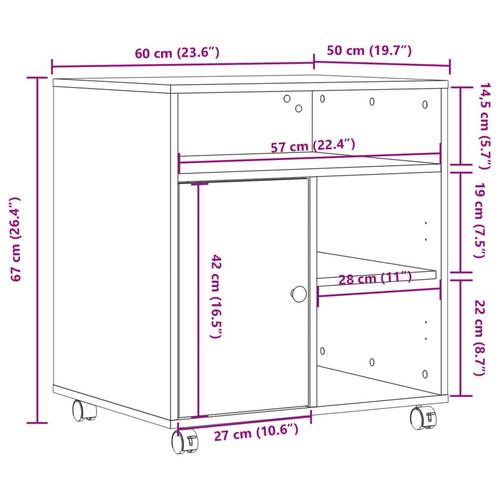 Printerstativ med hjul 60x50x67 cm hvid