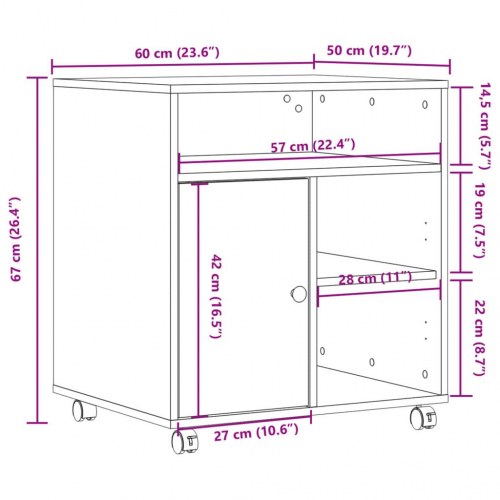 Printerstativ med hjul 60 × 50 × 67 cm - sonoma-eg