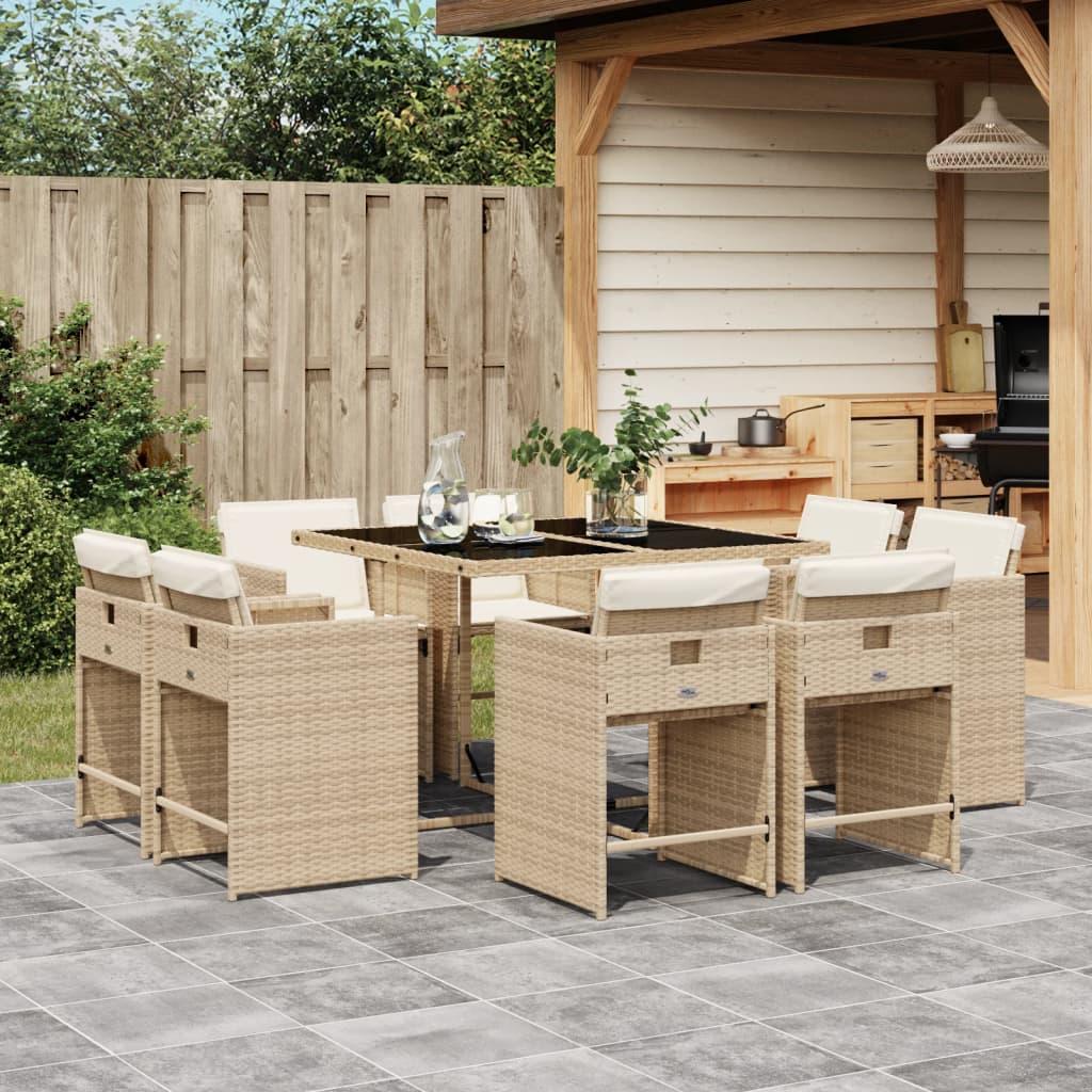 Spisebordssæt Til Haven 9 Dele Med Hynder Polyrattan - 8 / Beige / Glas