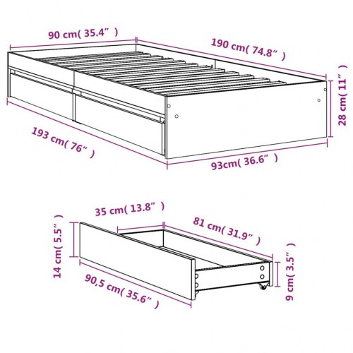 Sengeramme med 4 skuffer 90 x 190 cm - sort