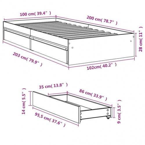 Sengeramme med 4 skuffer 100 x 200 cm - røget egetræ