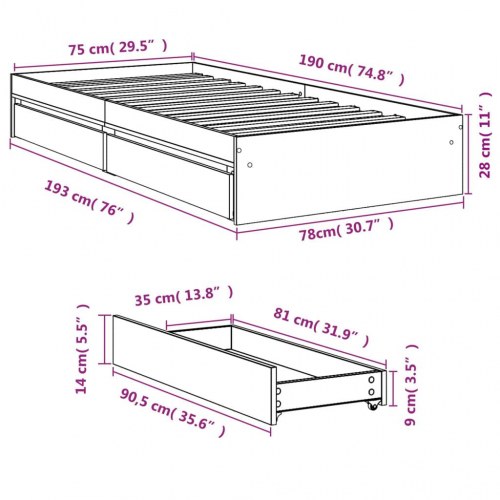Sengeramme med 4 skuffer 75 x 190 cm - grå sonoma-eg