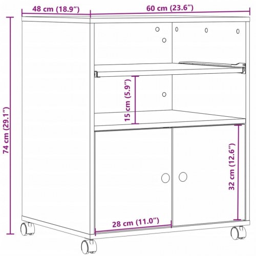 Printerstativ med hjul 60 x 48 x 74 cm - grå sonoma-eg