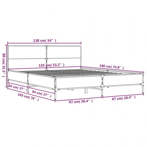 Sengestel 135 x 190 cm i konstrueret træ og metal - røget egetræsfarve