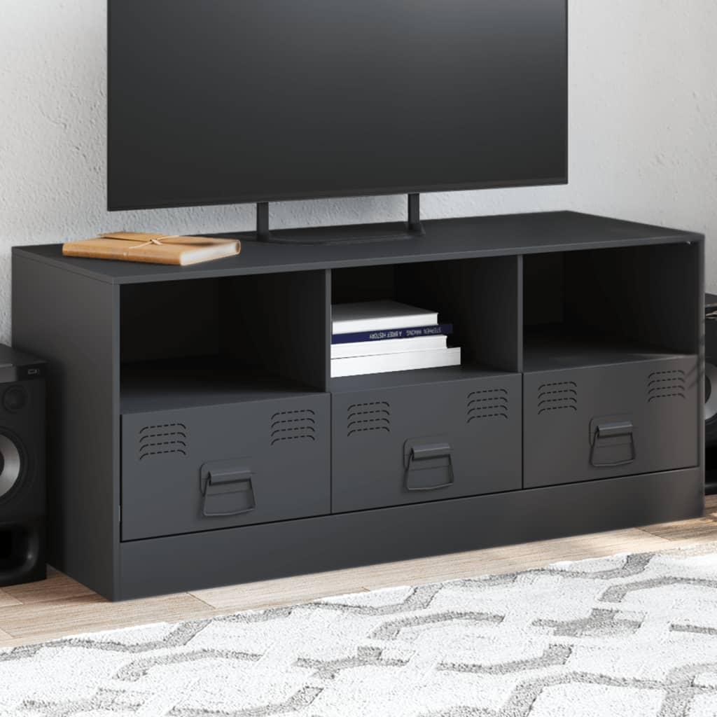Tv-bord i stål - 99 × 39 × 44 cm, antracitgrå, med hylder og skuffer