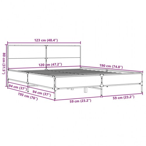 Sengeramme 120 x 190 cm i konstrueret træ og metal - sonoma-eg