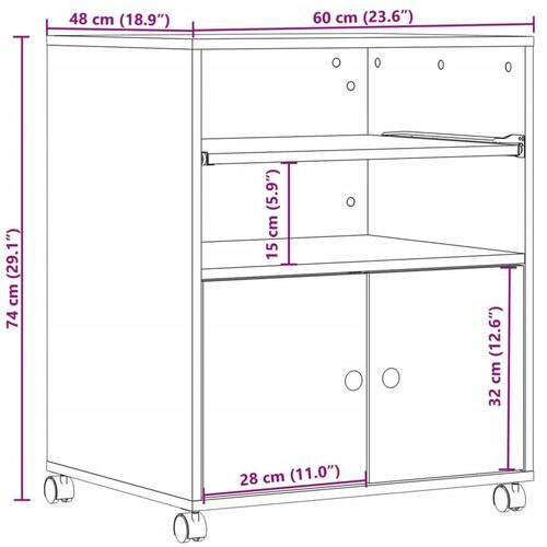 Printerstativ med hjul 60x48x74 cm hvid