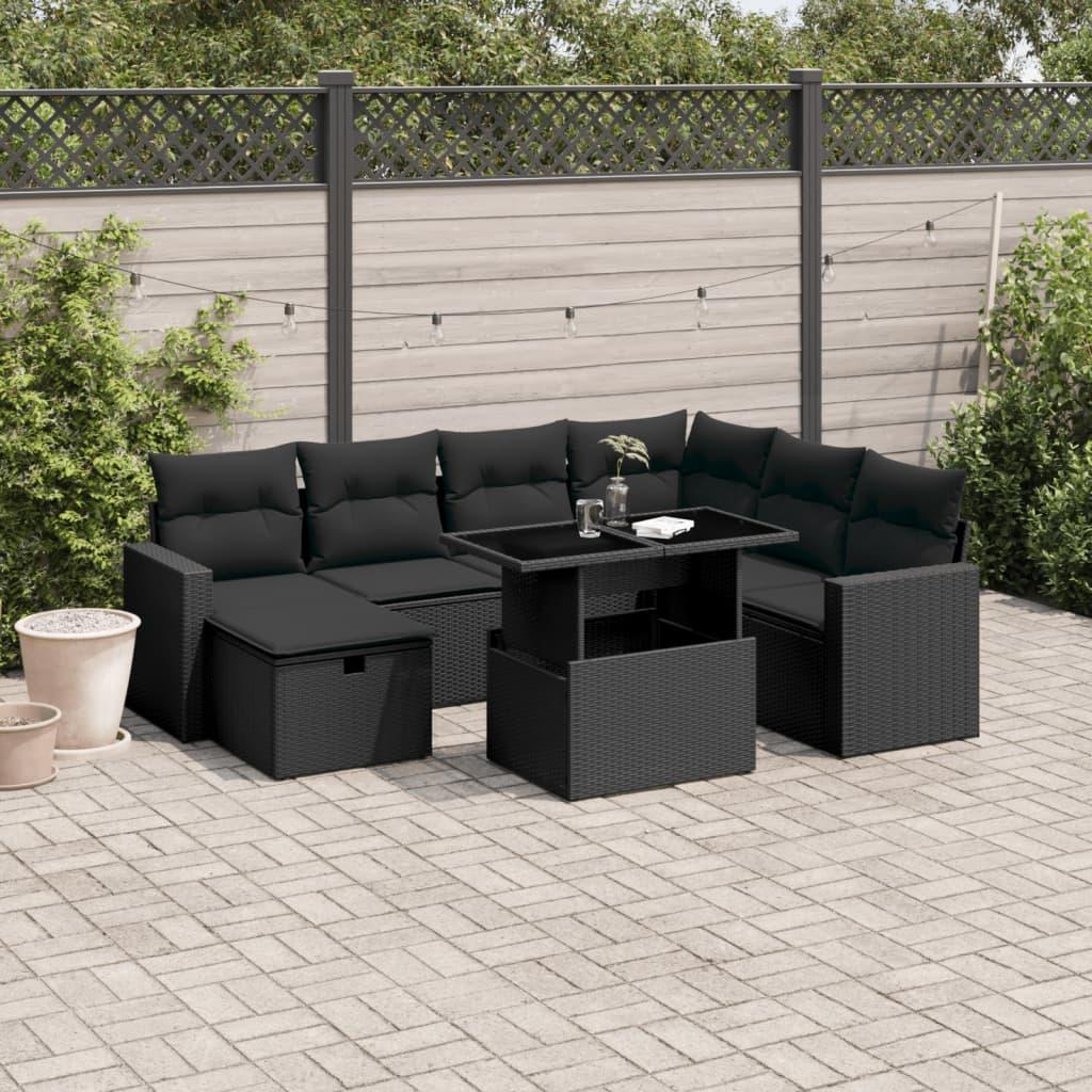 Sofasæt til haven i polyrattan - 8 dele med hynder, sort