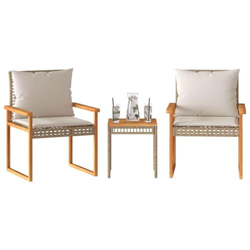 Bistrosæt 3 dele med hynder polyrattan og akacietræ beige