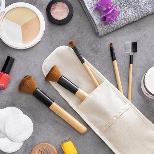 Sæt med makeup børster i træ med bæretaske Miset 5 enheder