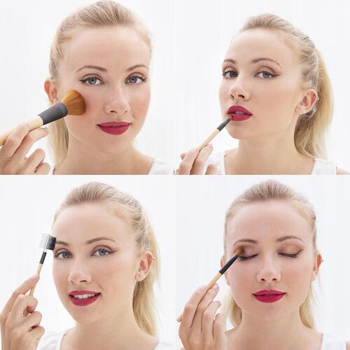 Sæt med makeup børster i træ med bæretaske Miset 5 enheder