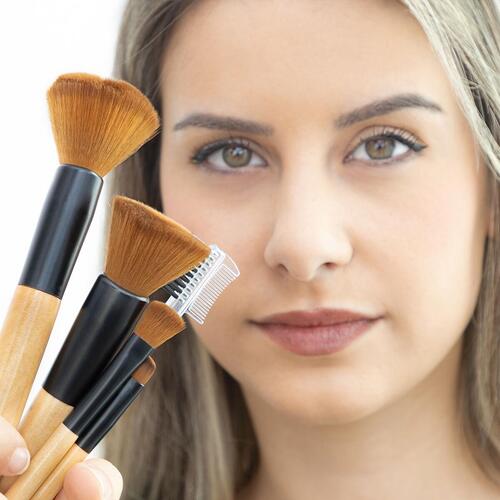 Sæt med makeup børster i træ med bæretaske Miset 5 enheder