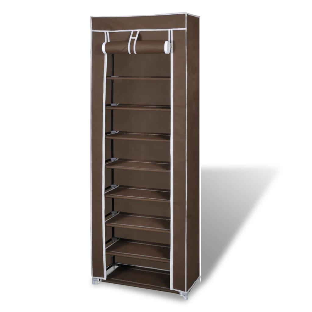 Skoskab med stofcover - 8 hylder, 162 × 57 × 29 cm, brun