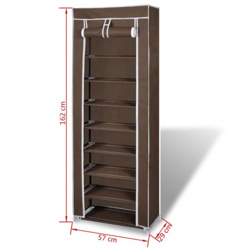 Skoskab med stofcover - 8 hylder, 162 × 57 × 29 cm, brun