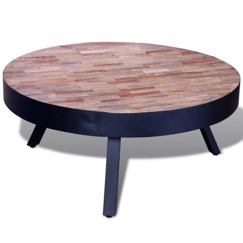 Rundt sofabord i genbrugsteaktræ med sorte metalben - 76 × 31 cm
