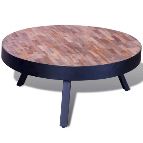 Rundt sofabord i genbrugsteaktræ med sorte metalben - 76 × 31 cm