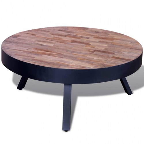 Rundt sofabord i genbrugsteaktræ med sorte metalben - 76 × 31 cm