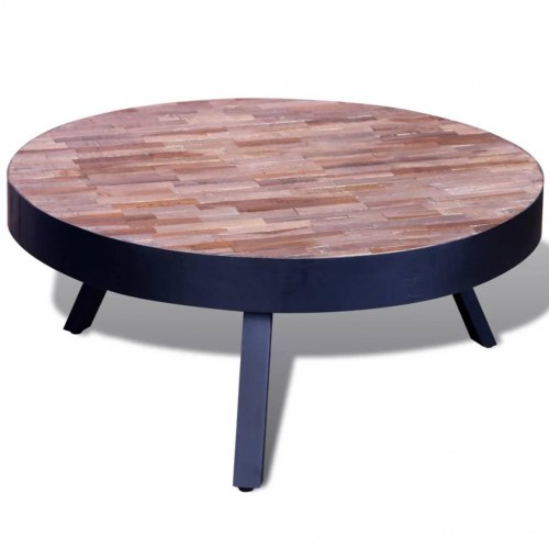 Rundt sofabord i genbrugsteaktræ med sorte metalben - 76 × 31 cm