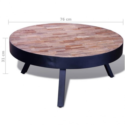 Rundt sofabord i genbrugsteaktræ med sorte metalben - 76 × 31 cm