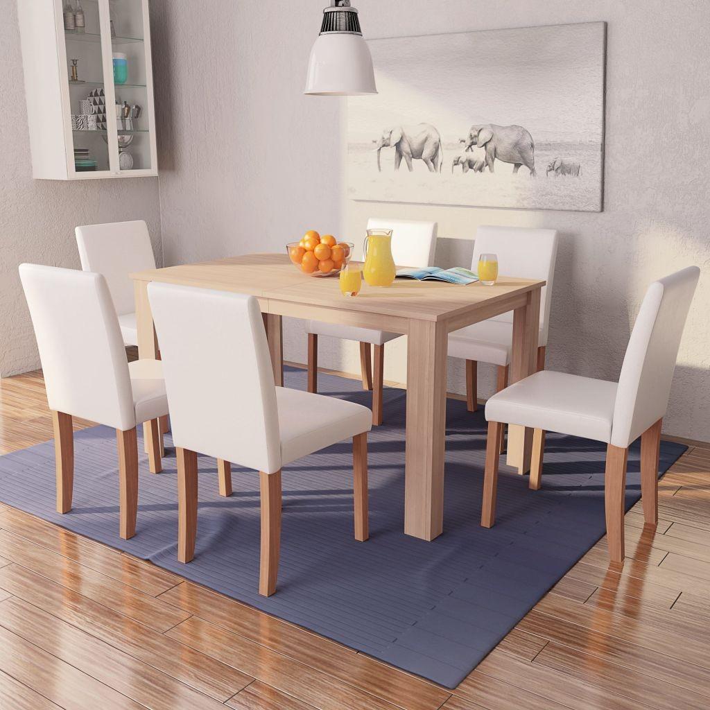 Spisebord og -stole 7 dele kunstlæder egetræ cremefarvet
