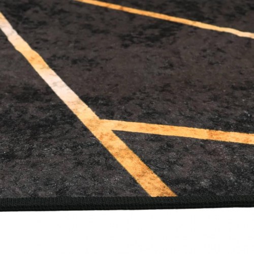Vaskbart gulvtæppe 190 × 300 cm - sort med guldfarvet geometrisk mønster