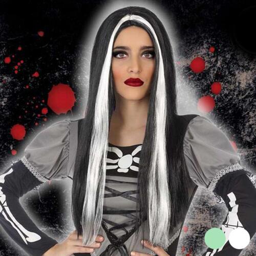 Halloween paryk 60 cm - sort med hvide/grønne striber (Hvid)