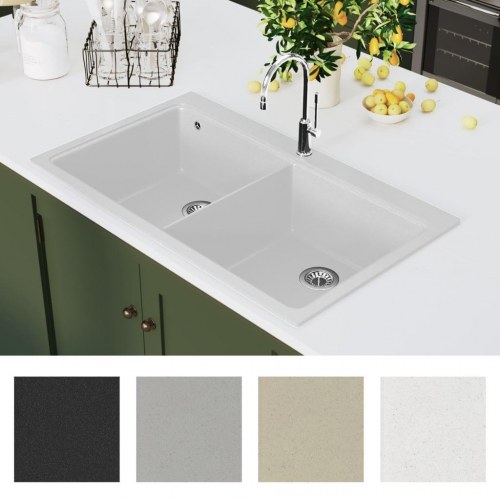 Overflademonteret dobbelt køkkenvask i granit, hvid