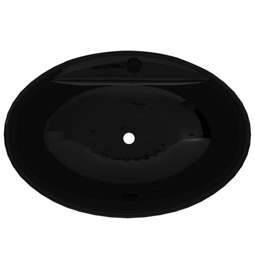 Keramisk badeværelsesvask basin vandhane/overfyldningshul sort oval