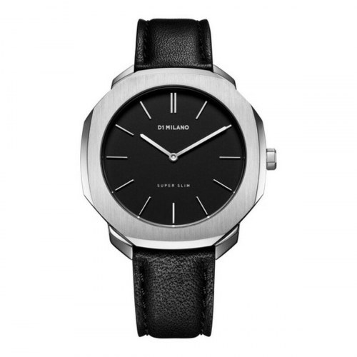 D1 Milano herreur, Super Slim, sølvfarvet - Ø 36 mm, sort læderrem