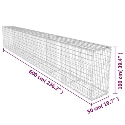 Gabionvæg med dæksel galvaniseret stål 600 x 50 x 100 cm