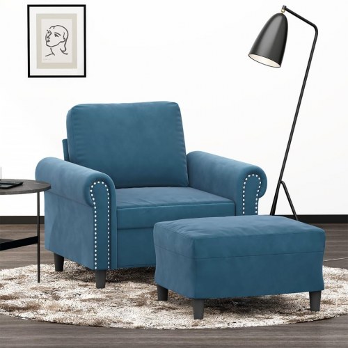 Sofastol med fodskammel i velour - 60 cm sædebredde, blå