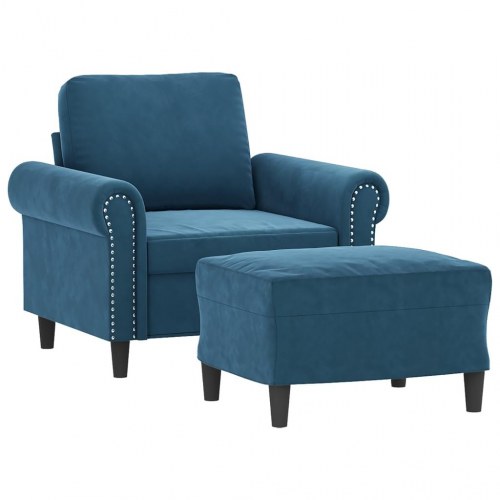 Sofastol med fodskammel i velour - 60 cm sædebredde, blå