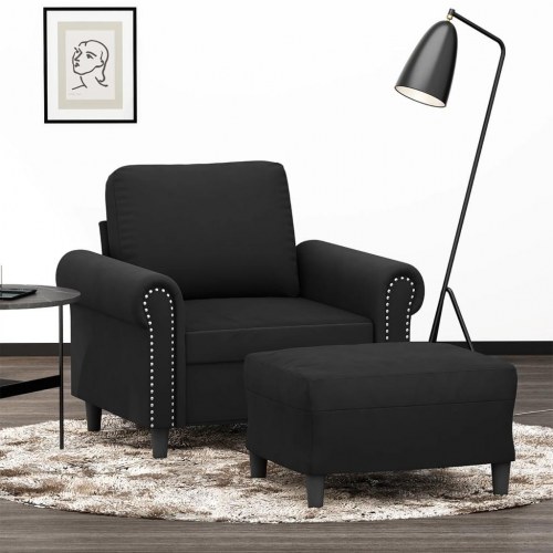 Sofastol med fodskammel i velour - 60 cm, sort
