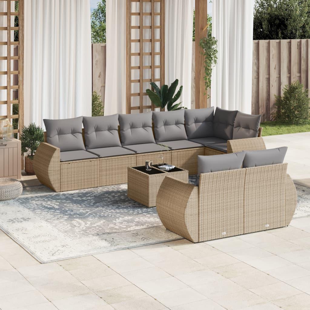 Havesofasæt i polyrattan - 9 dele med hynder, beige