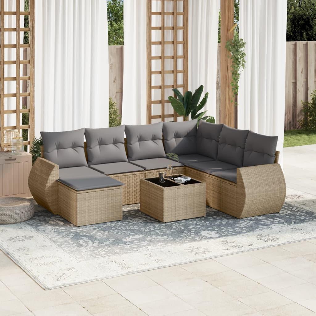 Sofasæt til haven i polyrattan - 8 dele med hynder, beige billede
