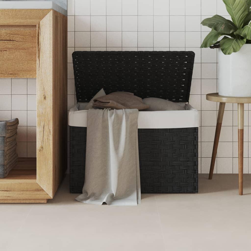 Vasketøjskurv med låg 55,5x35x34 cm polyrattan sort