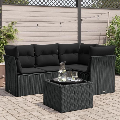 Sofasæt til haven 5 dele med hynder og glasbord i polyrattan - sort