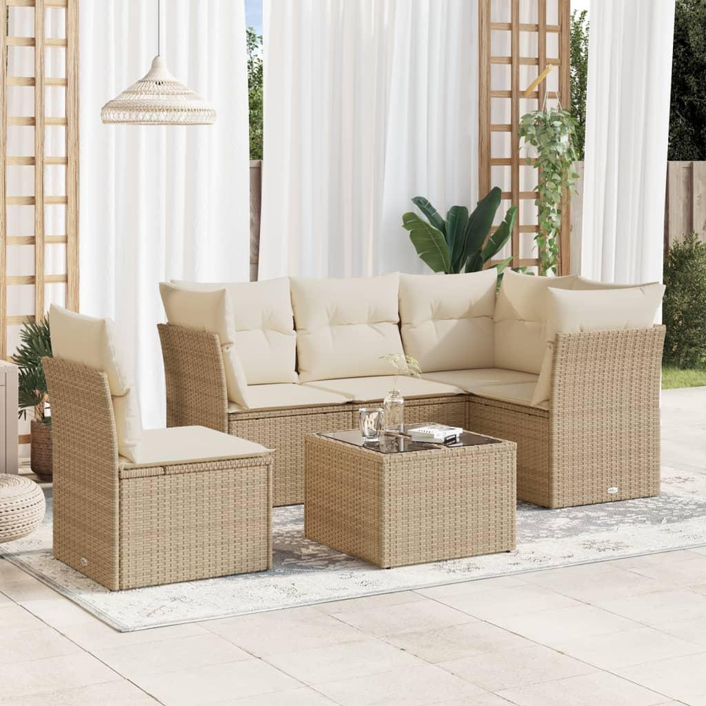Sofasæt til haven 6 dele med hynder i polyrattan beige