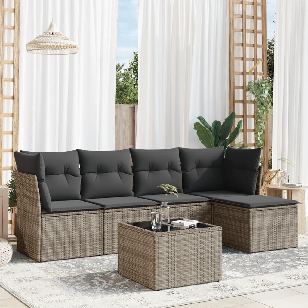 Sofasæt Til Haven 6 Dele Med Hynder Polyrattan Sort - Grå / Med bord