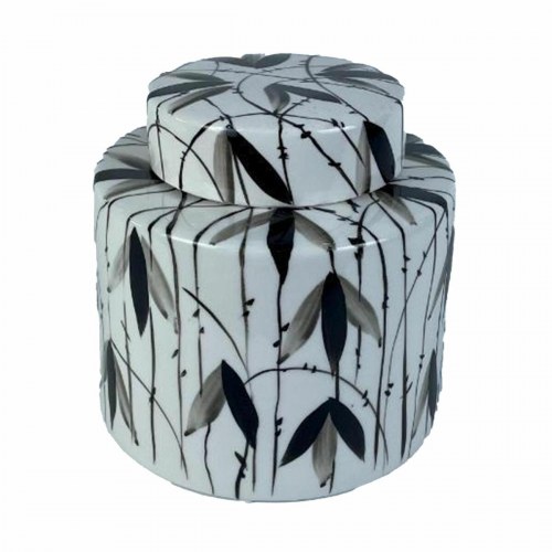 Vase i porcelæn - sort/hvid, orientalsk blad, 17 × 17 × 16 cm
