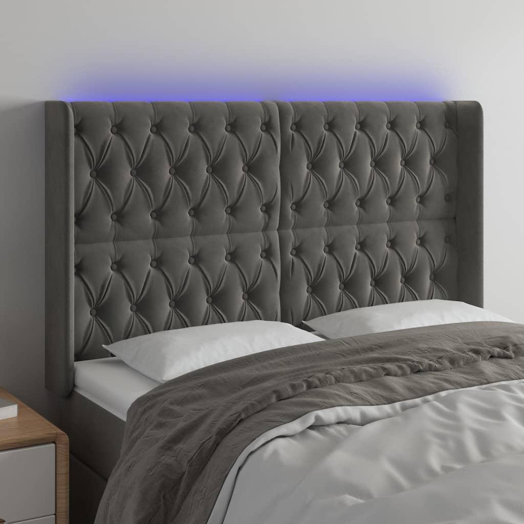 Sengegavl Med Led-Lys Fløjl - Mørkegrå / 163 x 16 x 118/128 cm