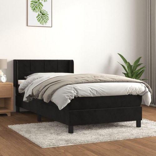 Kontinentalseng i fløjl - 90x200 cm, sort, med madras og topmadras