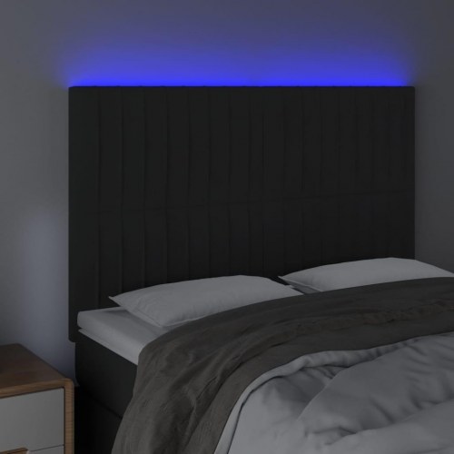 Sengegavl med LED-lys i fløjl - sort, 144 x 5 x 118/128 cm