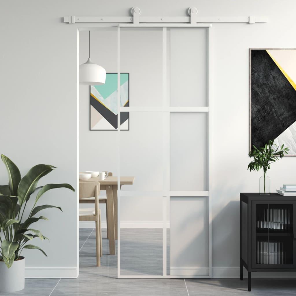 Skydedør 76x205 cm hærdet glas og aluminium hvid