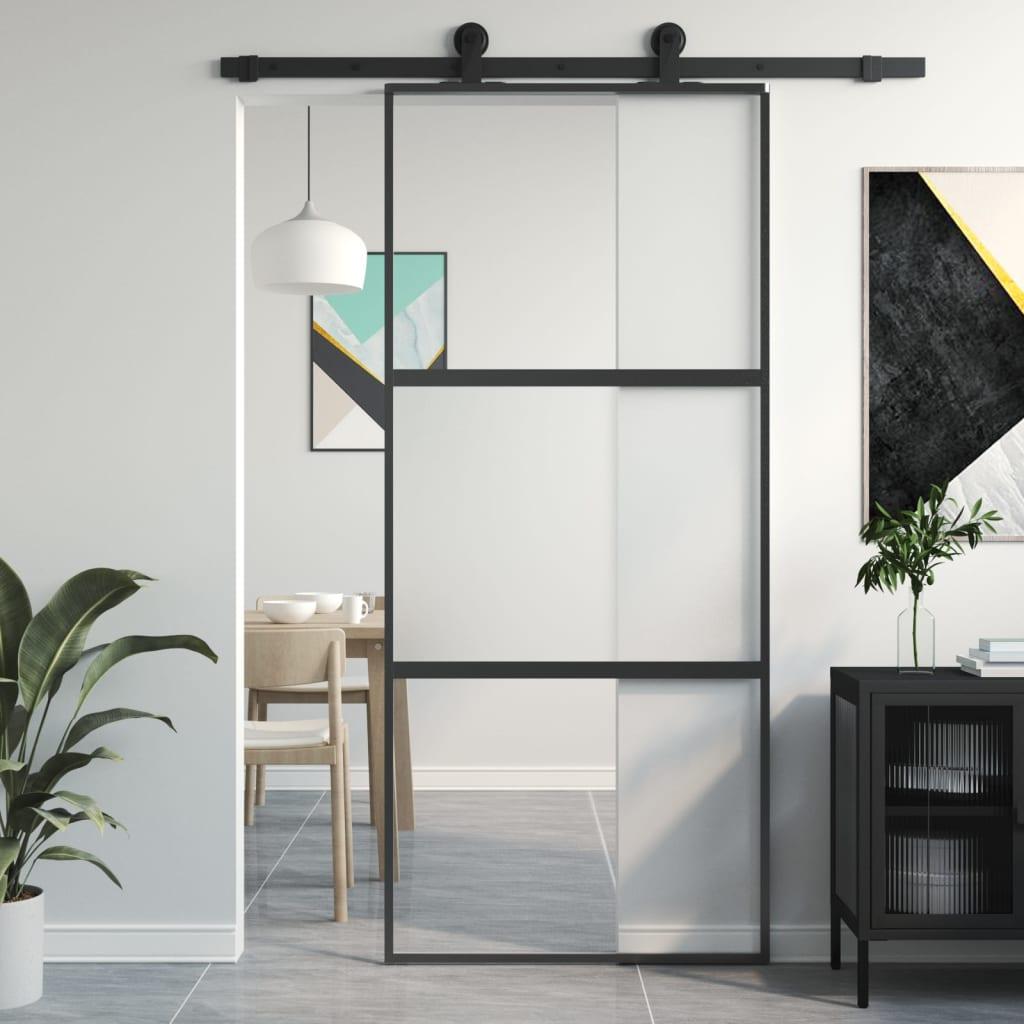 Skydedør 90x205 Cm Hærdet Glas Og Aluminium Sort