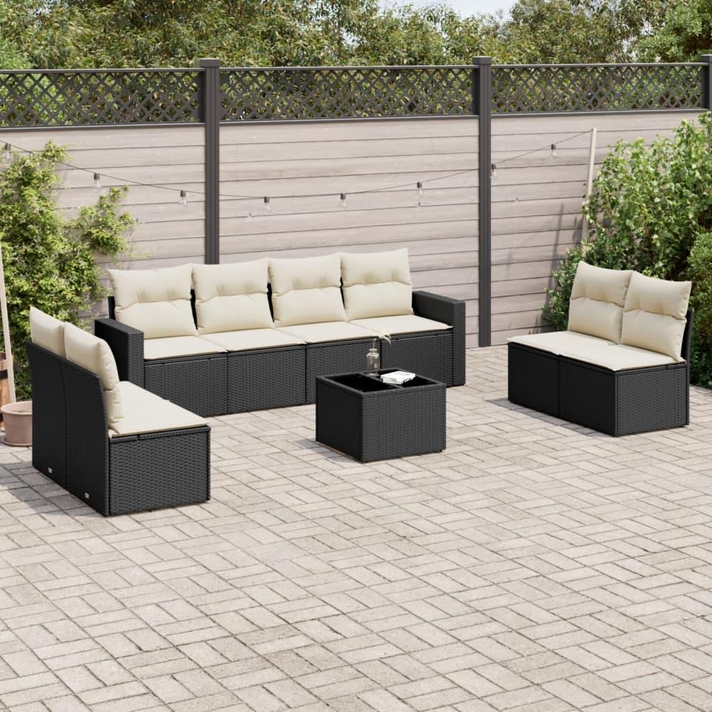 Sofasæt Til Haven 9 Dele Med Hynder Polyrattan Beige - Sort og cremefarvet / Med bord