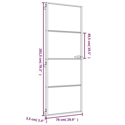Indvendig dør 76x201,5 cm hærdet glas og aluminium guldfarvet