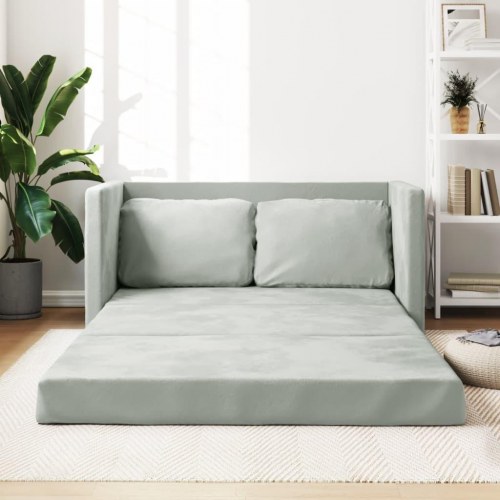 2-i-1 sovesofa i velour - lysegrå, 122x204x55 cm